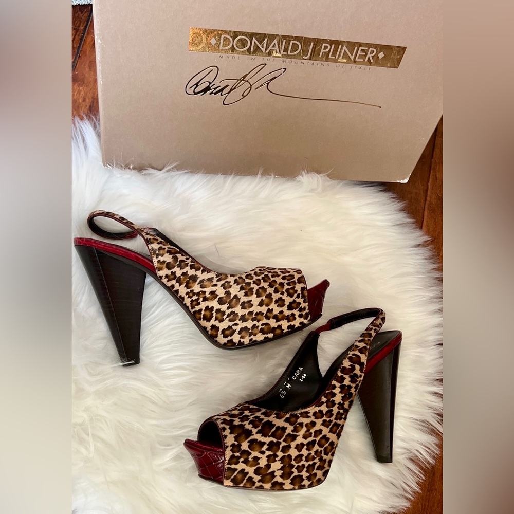 Donald J. Pliner cheetah print open toe stilettos heels with red trim size 6.5